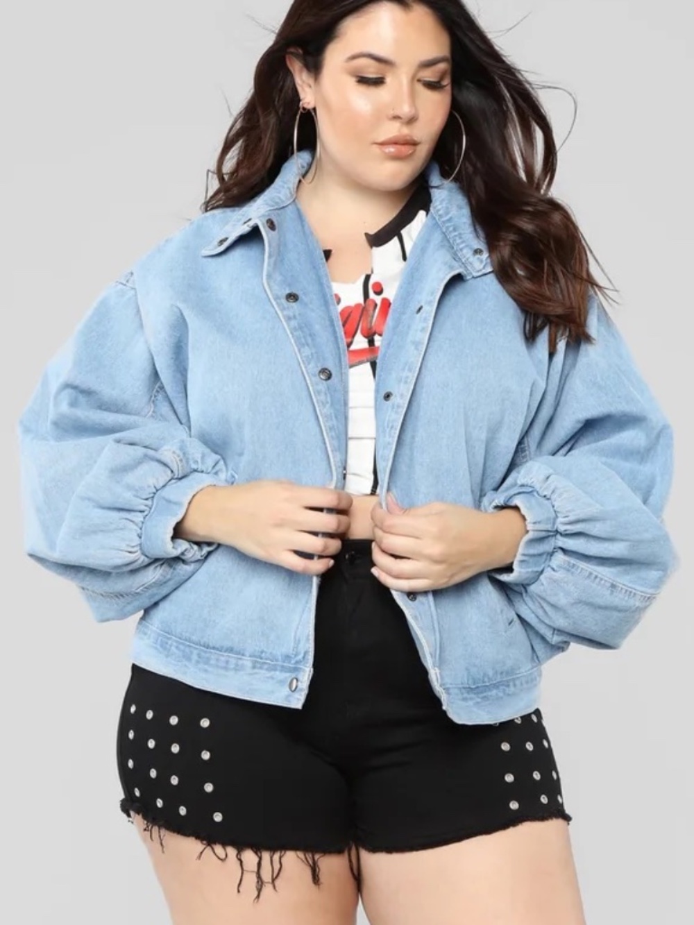 Fashion Nova Light Wash Oversized Denim Jacket Balloon Sleeve Women's Size XL